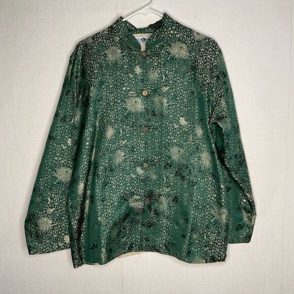 Vintage oriental Green Silk Mandarin Collar Embroidered Jacket XL - Picture 2 of 9